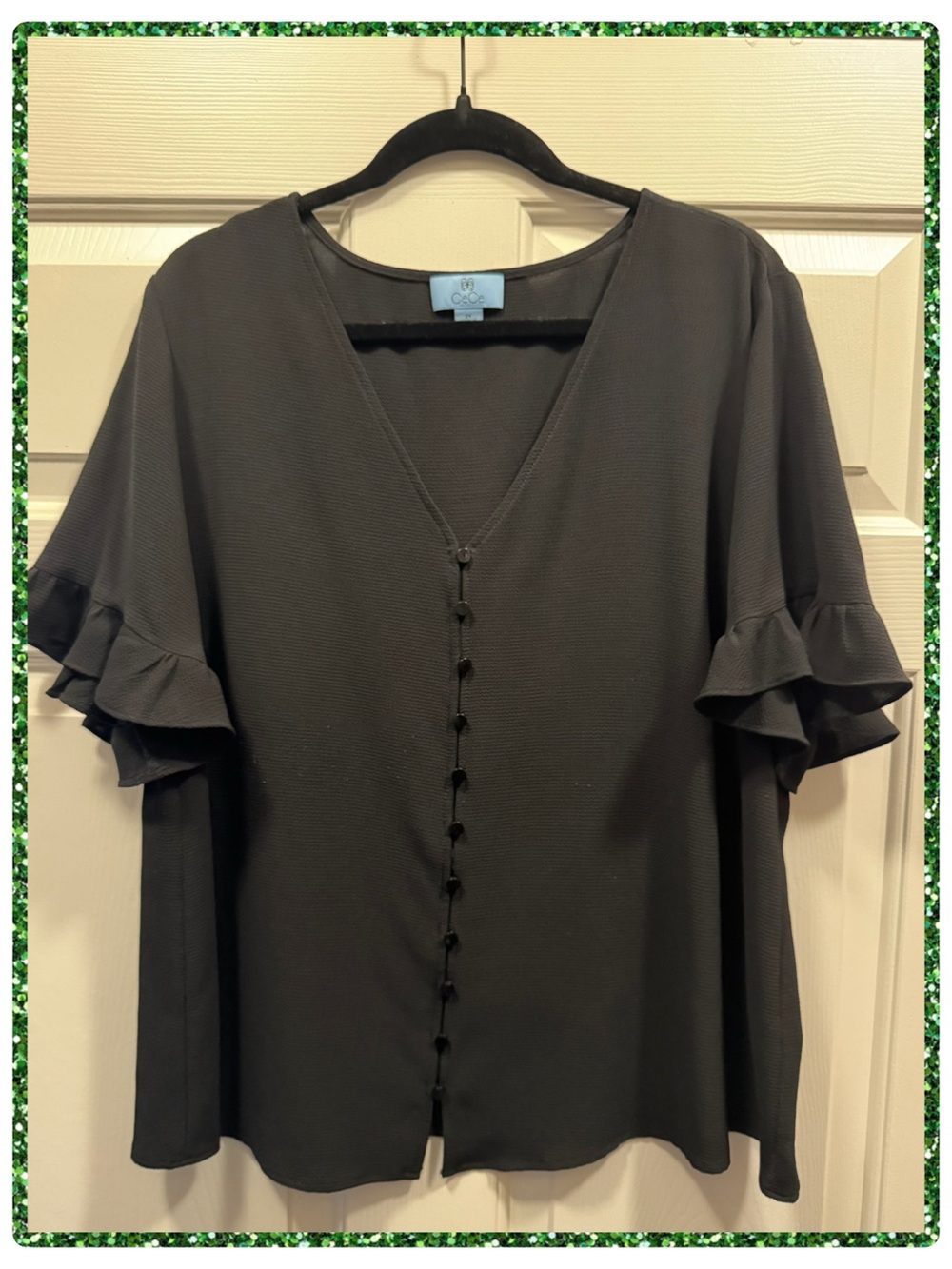 CeCe’s ▪️Black V-Neck Button Front Top with Ruffle Sleeves